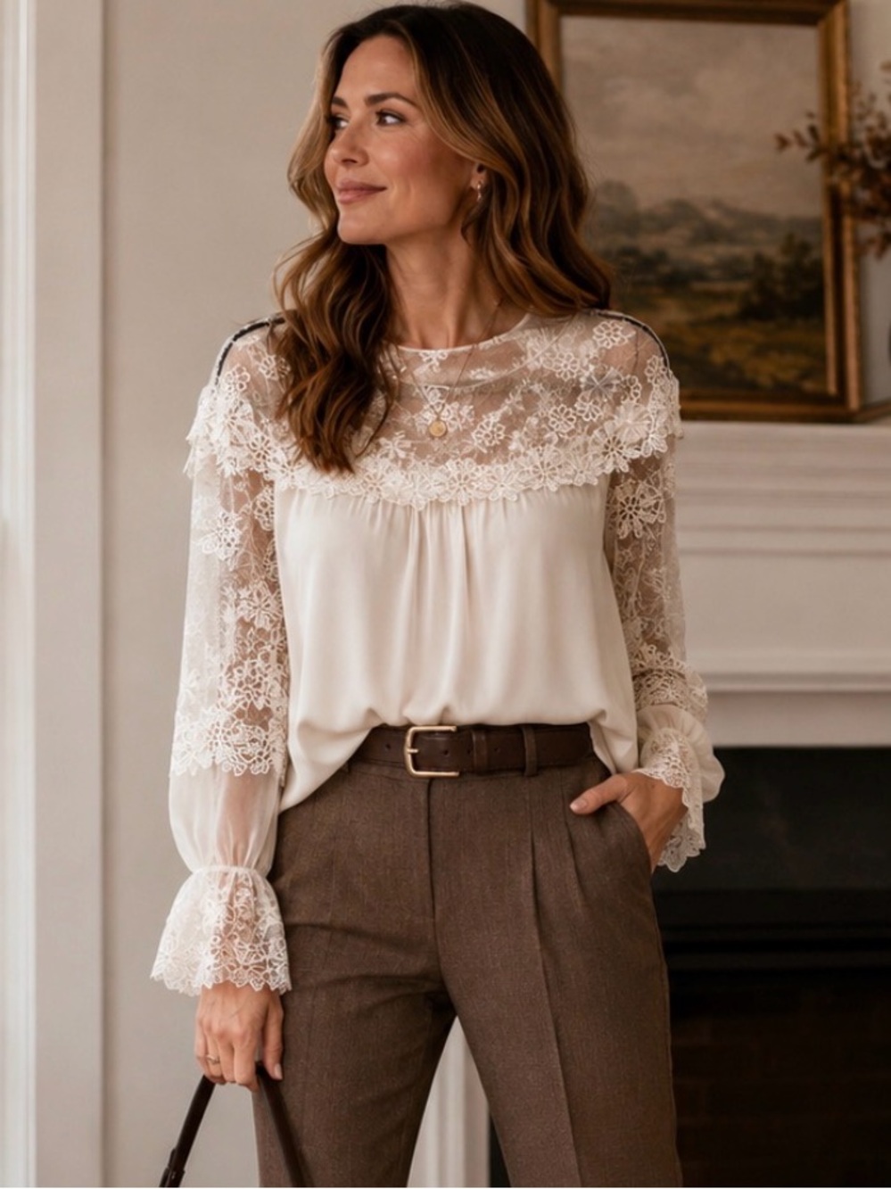 Elie Tahari Ivory Silk Lace-Yoke and Sleeve Blouse